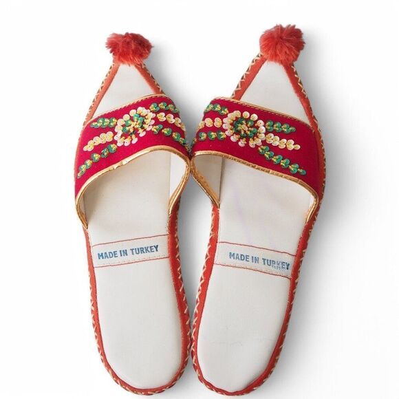 Vintage Turkish Aladdin Handmade Curl Toe Sequins Leather Slippers Women's 7-7.5 - Picture 6 of 10